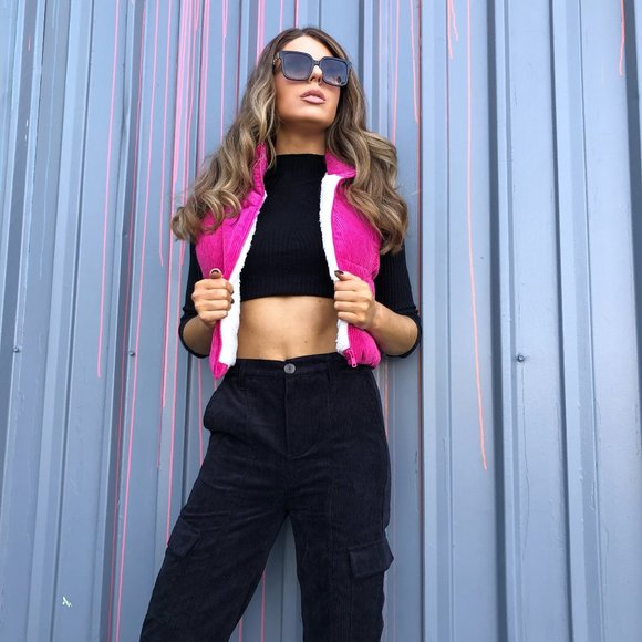 Love Tree Jackets & Blazers - Pink Corduroy Faux Fur Lined Puffer Vest